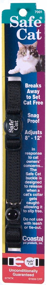 Coastal Safe Cat Adjustable Snag-Proof Nylon Breakaway Collar Black 3-8X8-12in